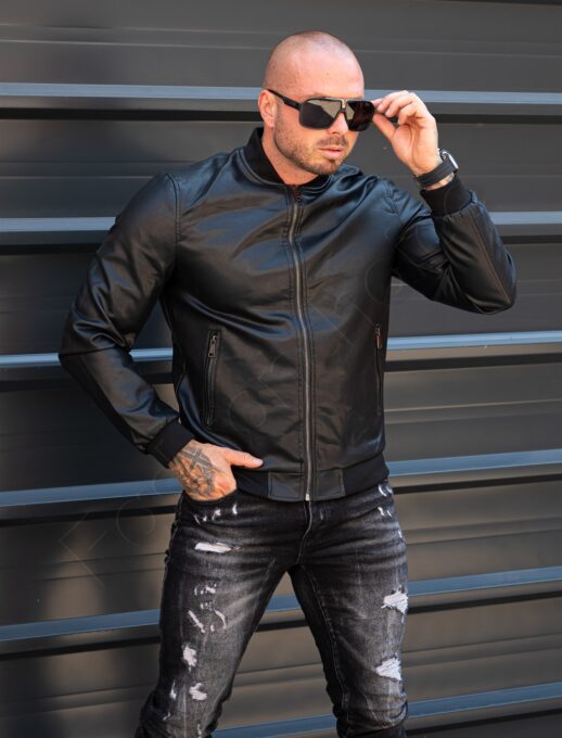 Geaca bomber din piele eco cu guler la baza gatului-negru cod 88120