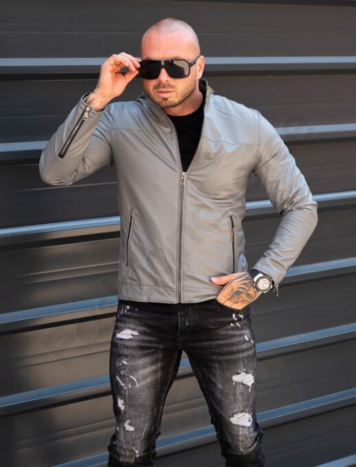 Geaca elegant din piele eco cu guler la baza gatului-gri cod 2444-1