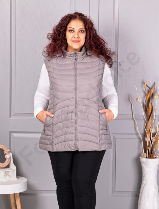 Vesta usoara maxi de dama cu buzunare si gluga-gri pastel cod 605-2