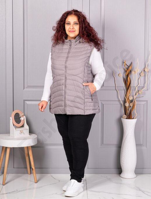 Vesta usoara maxi de dama cu buzunare si gluga-gri pastel cod 605-2