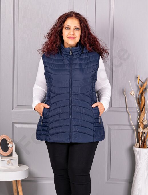 Vesta usoara maxi de dama cu buzunare si gluga-albastru inchis cod 605-4