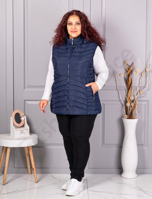 Vesta usoara maxi de dama cu buzunare si gluga-albastru inchis cod 605-4