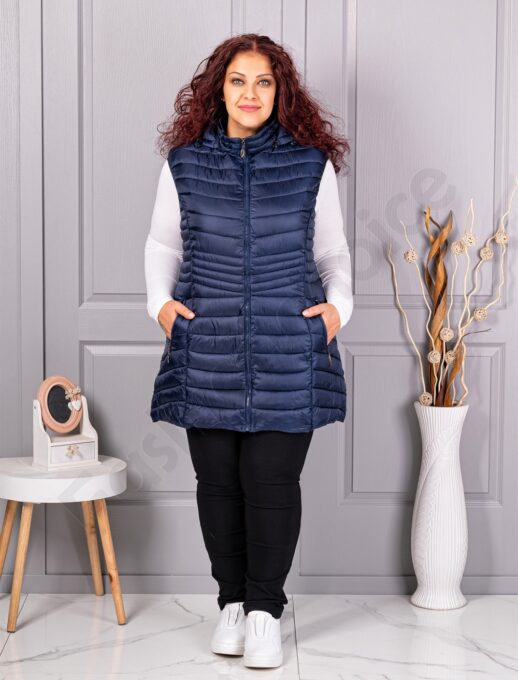 Vesta lunga usoara maxi de dama cu gluga-albastru inchis cod 2306-1