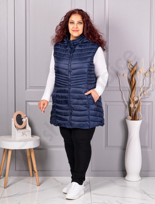 Vesta lunga usoara maxi de dama cu gluga-albastru inchis cod 2306-1
