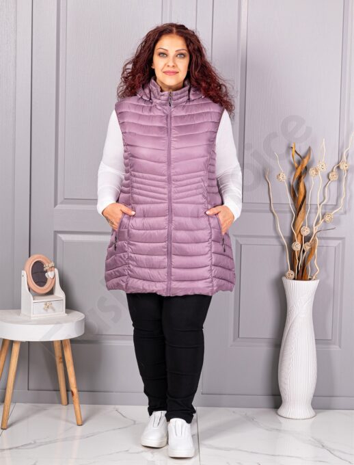 Vesta lunga usoara maxi de dama cu gluga-liliac cod 2306-2