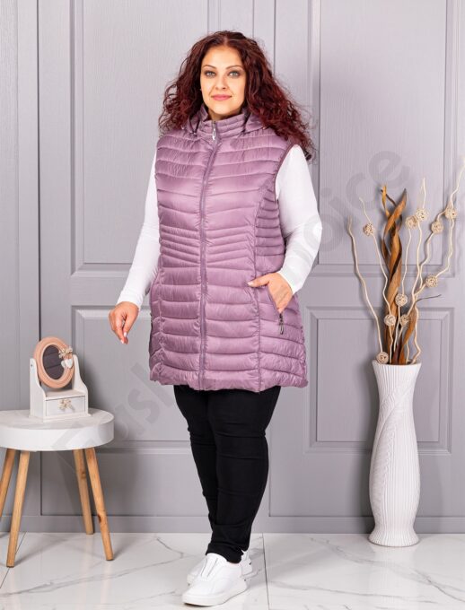 Vesta lunga usoara maxi de dama cu gluga-liliac cod 2306-2