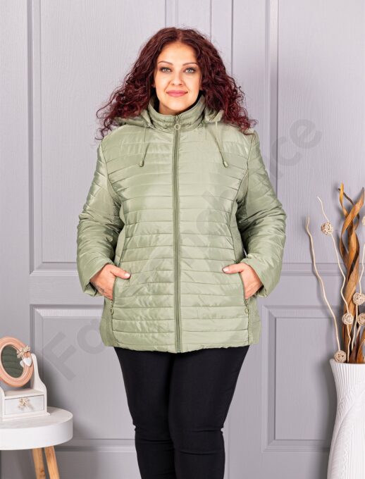 Geaca maxi groasa cu gluga si banda elastica-verde pastel cod 5677-5