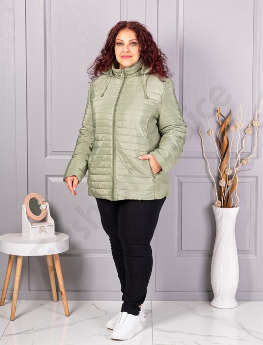 Geaca maxi groasa cu gluga si banda elastica-verde pastel cod 5677-5