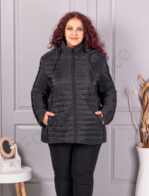 Geaca maxi groasa cu gluga si banda elastica-negru cod 5677