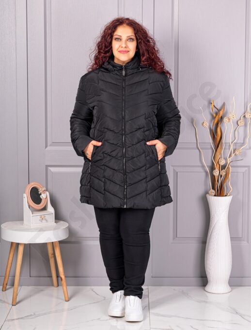Geaca maxi groasa de dama cu gluga-negru cod 610