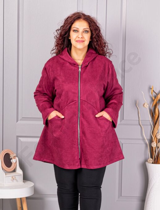 Jacheta maxi lunga in cloș din nubuc eco cu gluga-bordo cod 5515-2