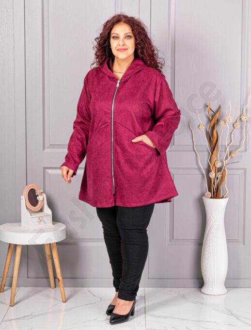 Jacheta maxi lunga in cloș din nubuc eco cu gluga-bordo cod 5515-2