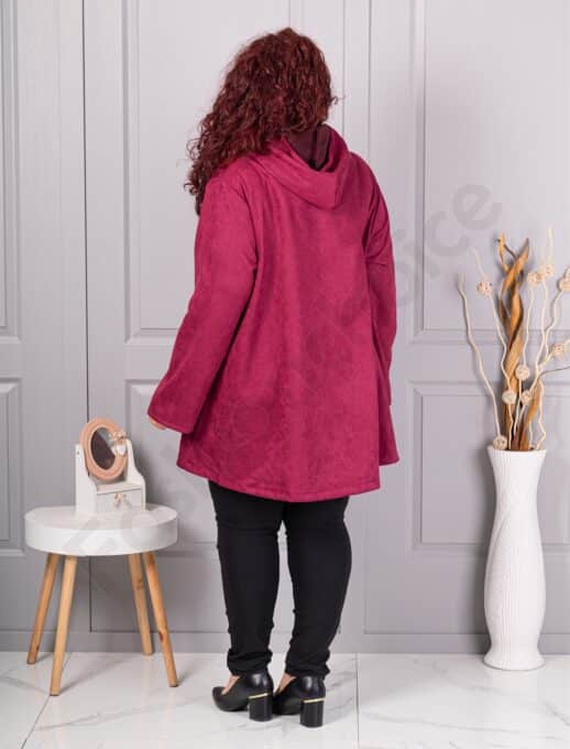 Jacheta maxi lunga in cloș din nubuc eco cu gluga-bordo cod 5515-2