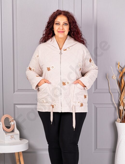 Geaca maxi matlasata cu gluga si broderie florala-capucino cod 5105-2