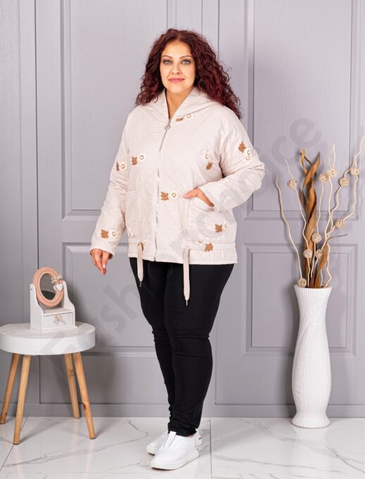 Geaca maxi matlasata cu gluga si broderie florala-capucino cod 5105-2