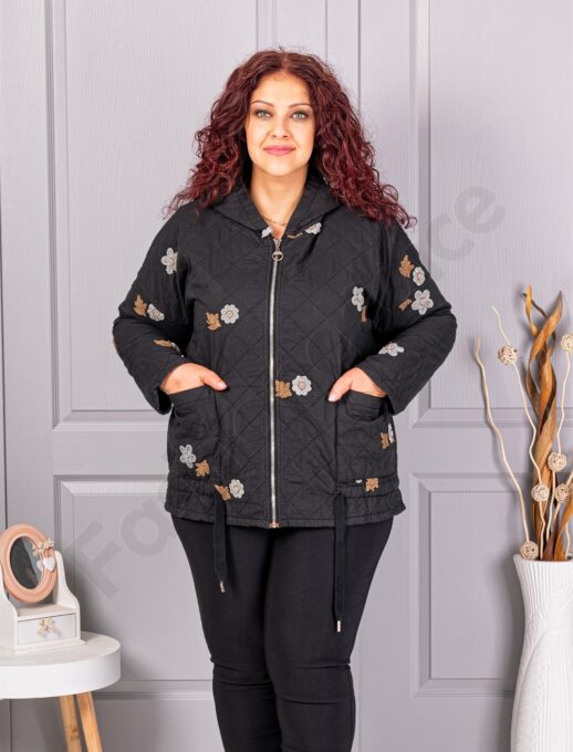 Geaca maxi matlasata cu gluga si broderie florala-negru cod 5105