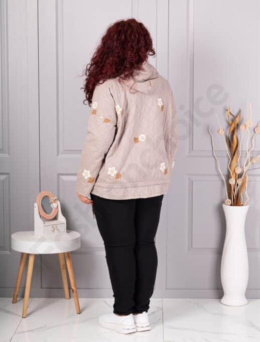 Geaca maxi matlasata cu gluga si broderie florala-moca cod 5105-1
