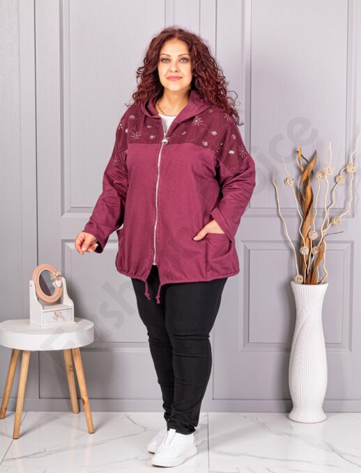 Jacheta maxi cu broderie si aplicatie din paiete-bordo cod 1071-4