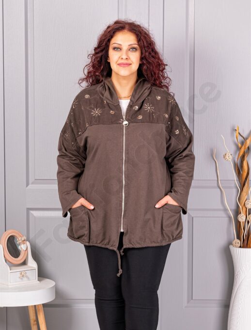 Jacheta maxi cu broderie si aplicatie din paiete-ciocolata cod 1071-1