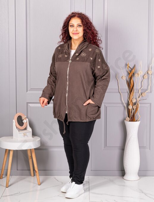 Jacheta maxi cu broderie si aplicatie din paiete-ciocolata cod 1071-1