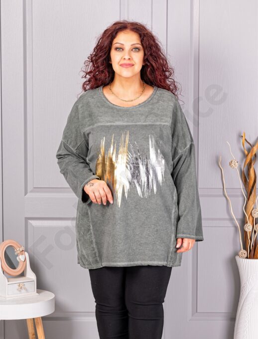 Tunica maxi cu imprimeu stralucitor si accente din catifea reiata-kaki cod 9952-1