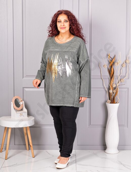 Tunica maxi cu imprimeu stralucitor si accente din catifea reiata-kaki cod 9952-1