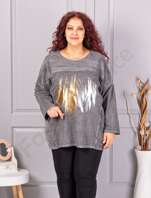 Tunica maxi cu imprimeu stralucitor si accente din catifea reiata-grafit cod 9952-2