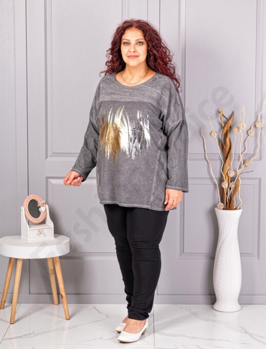 Tunica maxi cu imprimeu stralucitor si accente din catifea reiata-grafit cod 9952-2