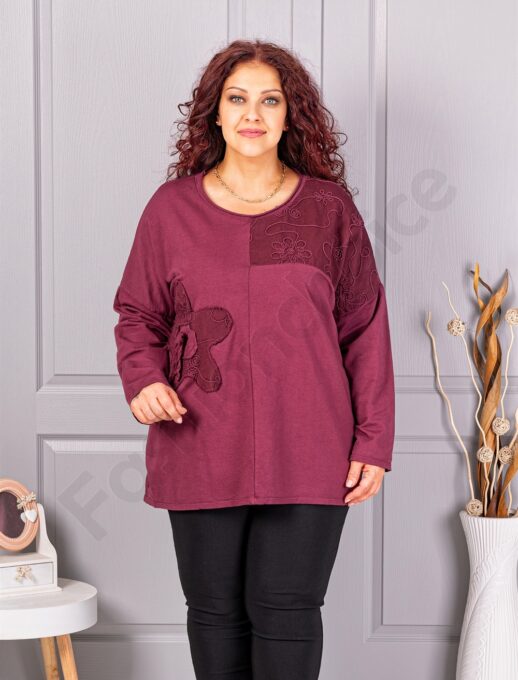 Tunica maxi de dama cu broderie si aplicatie in relief-bordo cod 9951-1