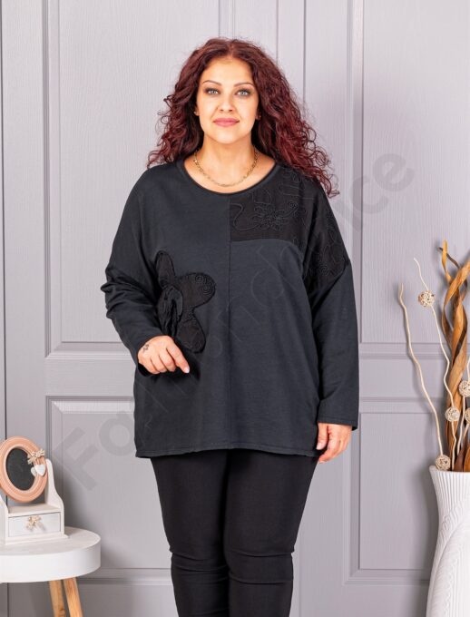 Tunica maxi de dama cu broderie si aplicatie in relief-negru cod 9951