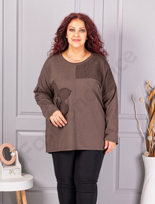 Tunica maxi de dama cu broderie si aplicatie in relief-ciocolata cod 9951-4
