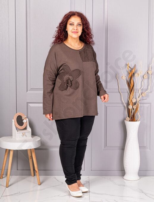 Tunica maxi de dama cu broderie si aplicatie in relief-ciocolata cod 9951-4