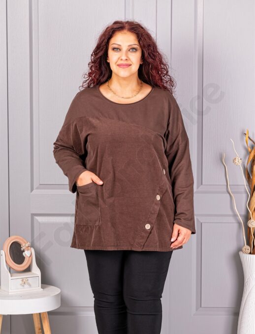 Tunica maxi sport-elegant cu partea din fata din catifea reiata-ciocolata cod 99989-5