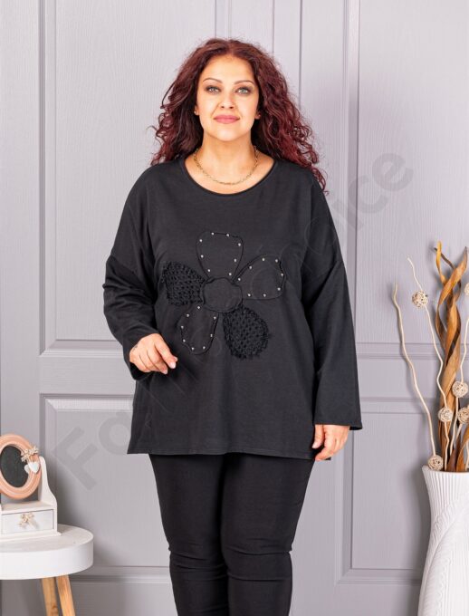 Tunica maxi de dama cu aplicatie floare-negru cod 1150