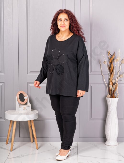 Tunica maxi de dama cu aplicatie floare-negru cod 1150