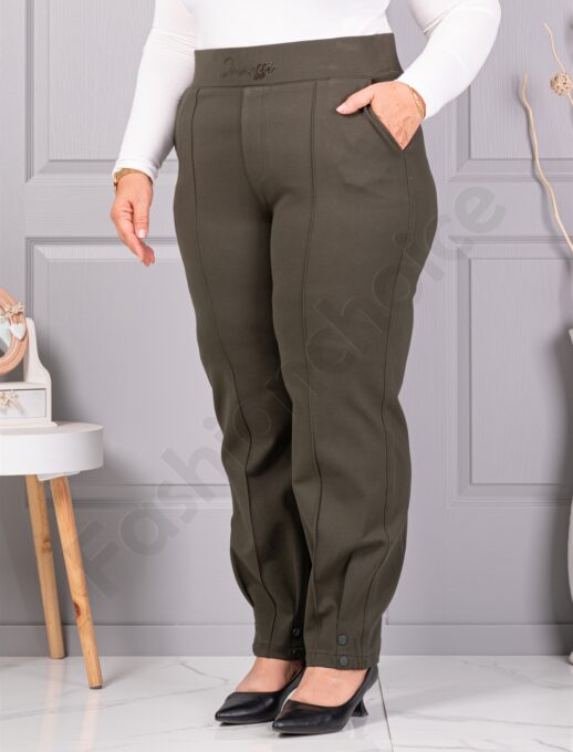 Pantalon maxi de dama cu elastic in talie si dunga exterioara-kaki cod 73205