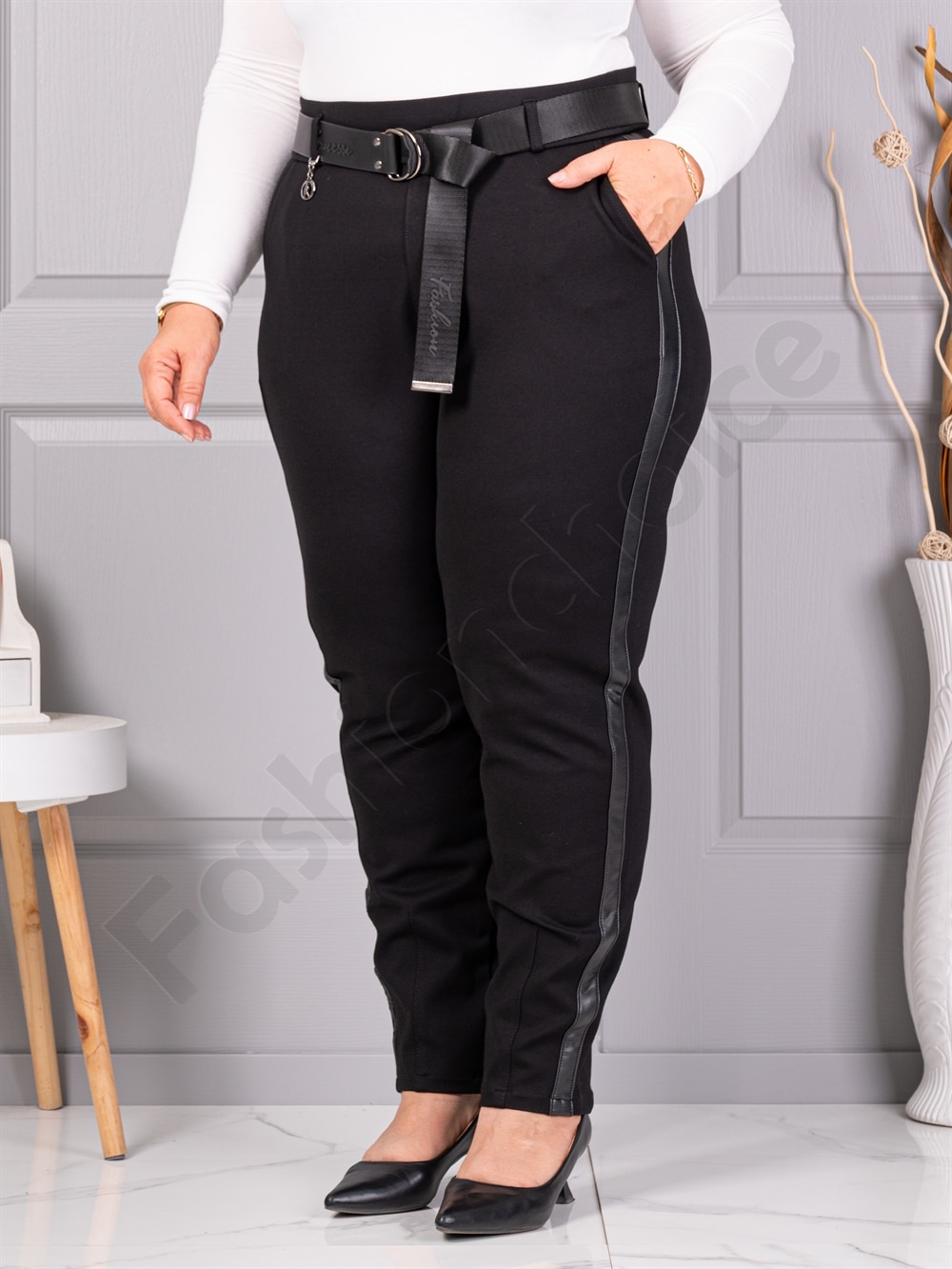 Pantalon maxi elegant cu curea si banda din piele in parti cod 73220