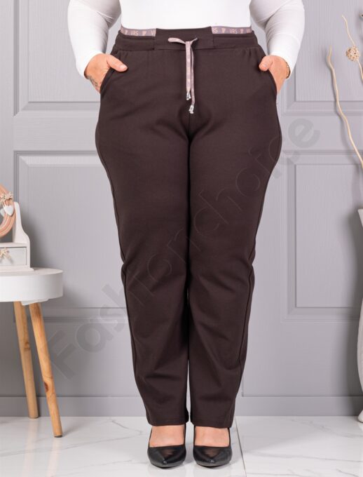 Pantalon maxi modern cu talie elastica si inscriptie-maro cod 3001-1