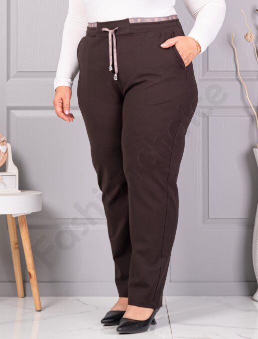 Pantalon maxi modern cu talie elastica si inscriptie-maro cod 3001-1