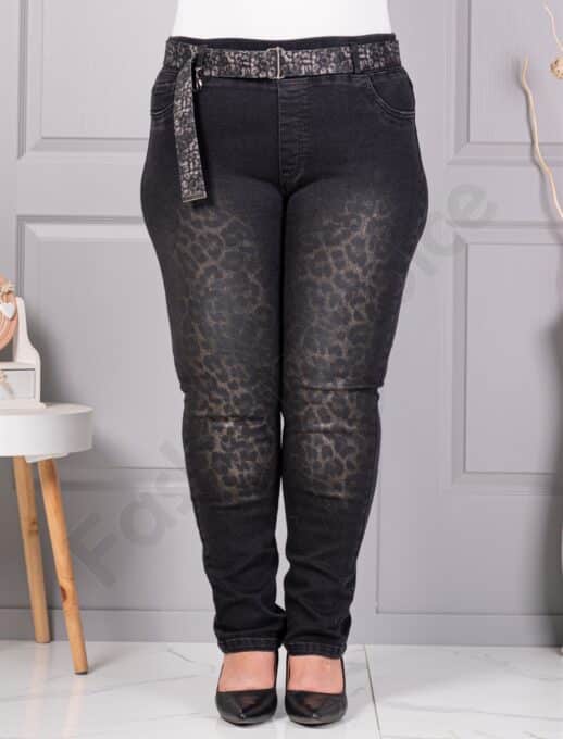 Blugi maxi din denim elastic cu print animal-negru cod 5317