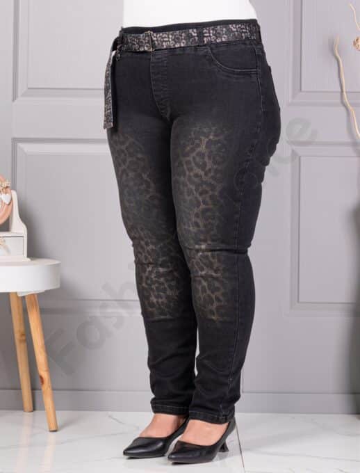Blugi maxi din denim elastic cu print animal-negru cod 5317