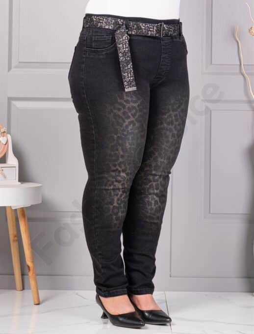 Blugi maxi din denim elastic cu print animal-negru cod 5317