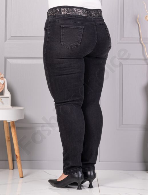 Blugi maxi din denim elastic cu print animal-negru cod 5317