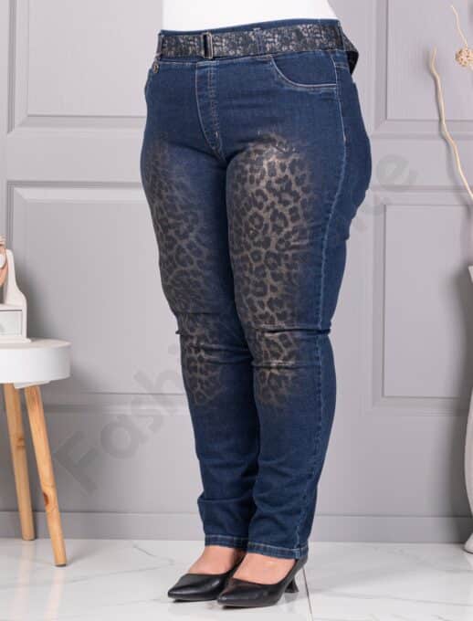 Blugi maxi din denim elastic cu print animal-albastru cod 5317-1
