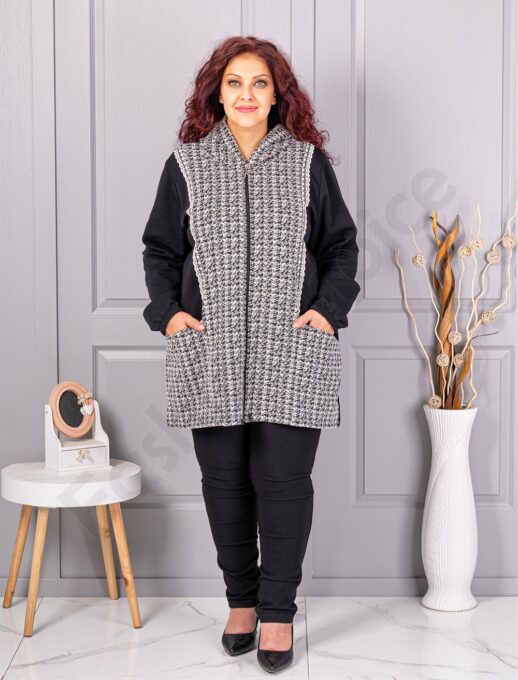 Jacheta maxi din material gros cu platca cu imprimeu pepit cod 22043