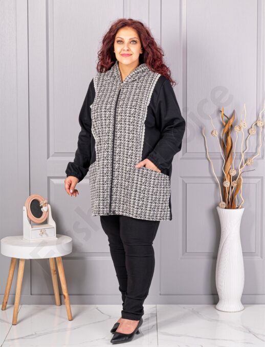 Jacheta maxi din material gros cu platca cu imprimeu pepit cod 22043