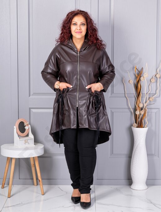 Trenci maxi din piele cu buzunare moderne-ciocolata cod 2966-4