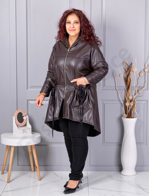 Trenci maxi din piele cu buzunare moderne-ciocolata cod 2966-4