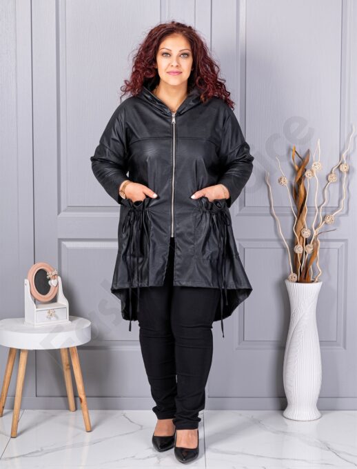 Trenci maxi din piele cu buzunare moderne-negru cod 2966