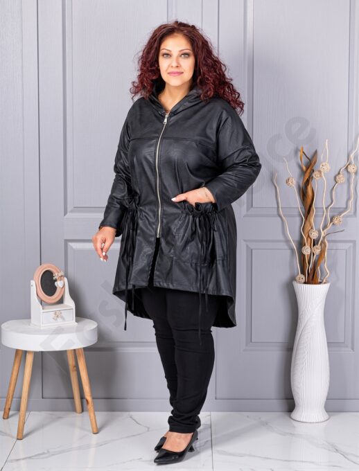Trenci maxi din piele cu buzunare moderne-negru cod 2966